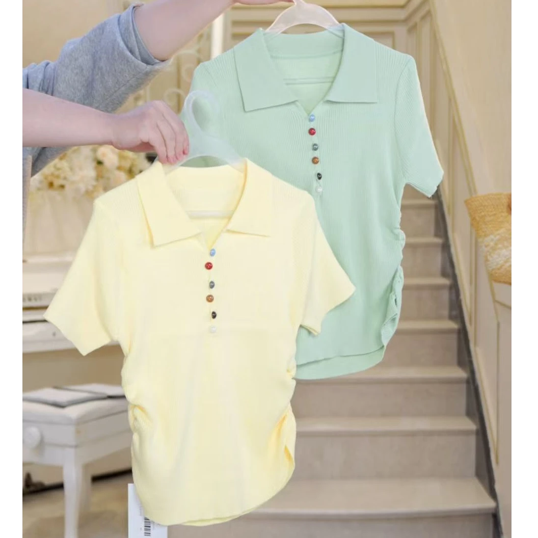 【北栀】【彩虹糖】翻领贝壳扣短袖针织衫814329