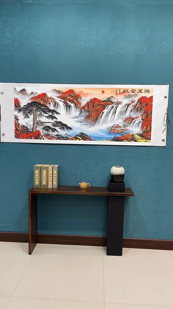 国画《鸿运当头迎客松山水》70*200厘米卷轴软裱