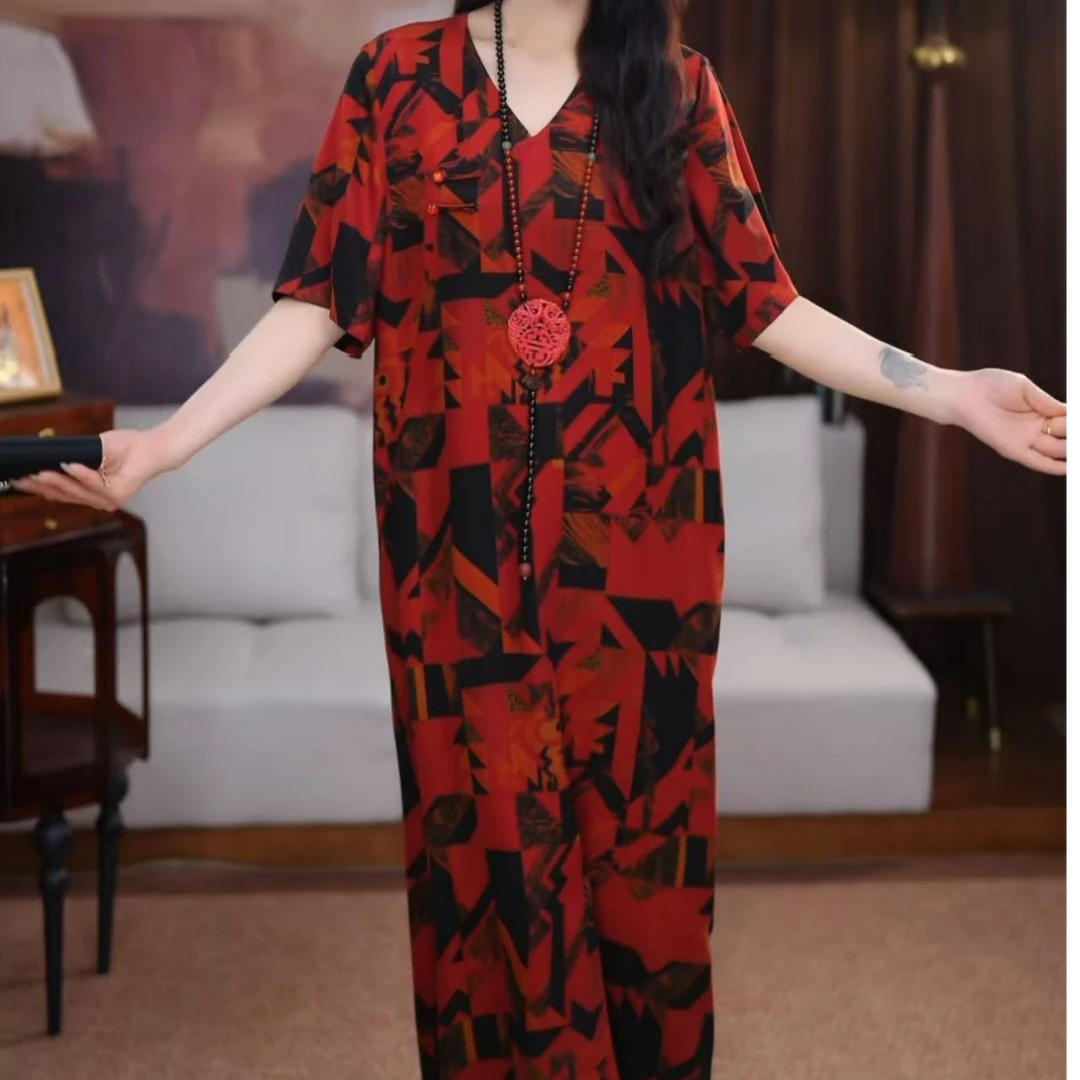 【星楠】新中式印花复古宽松女士国风腔调长款休闲时尚连衣裙