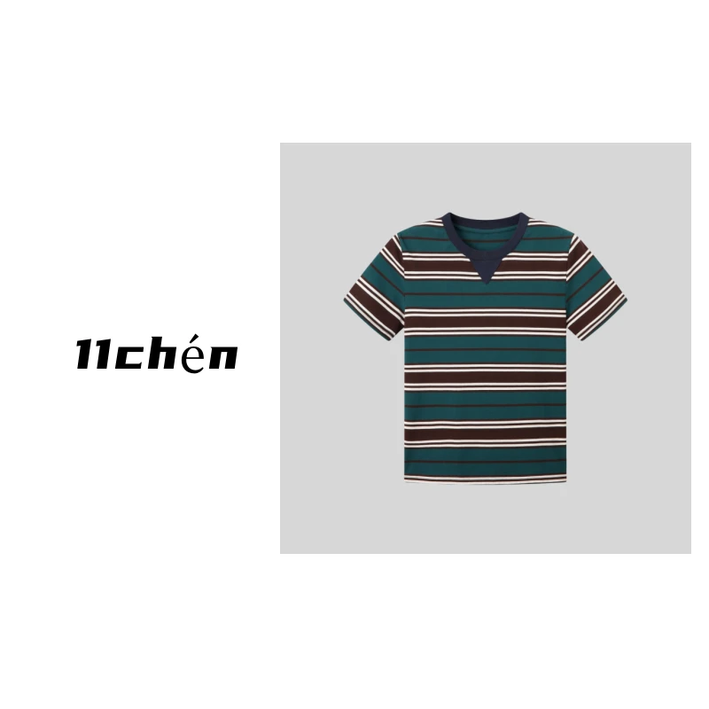 【11chén】“ 咖纹绿影”三角标条纹圆领正肩显瘦短袖T恤