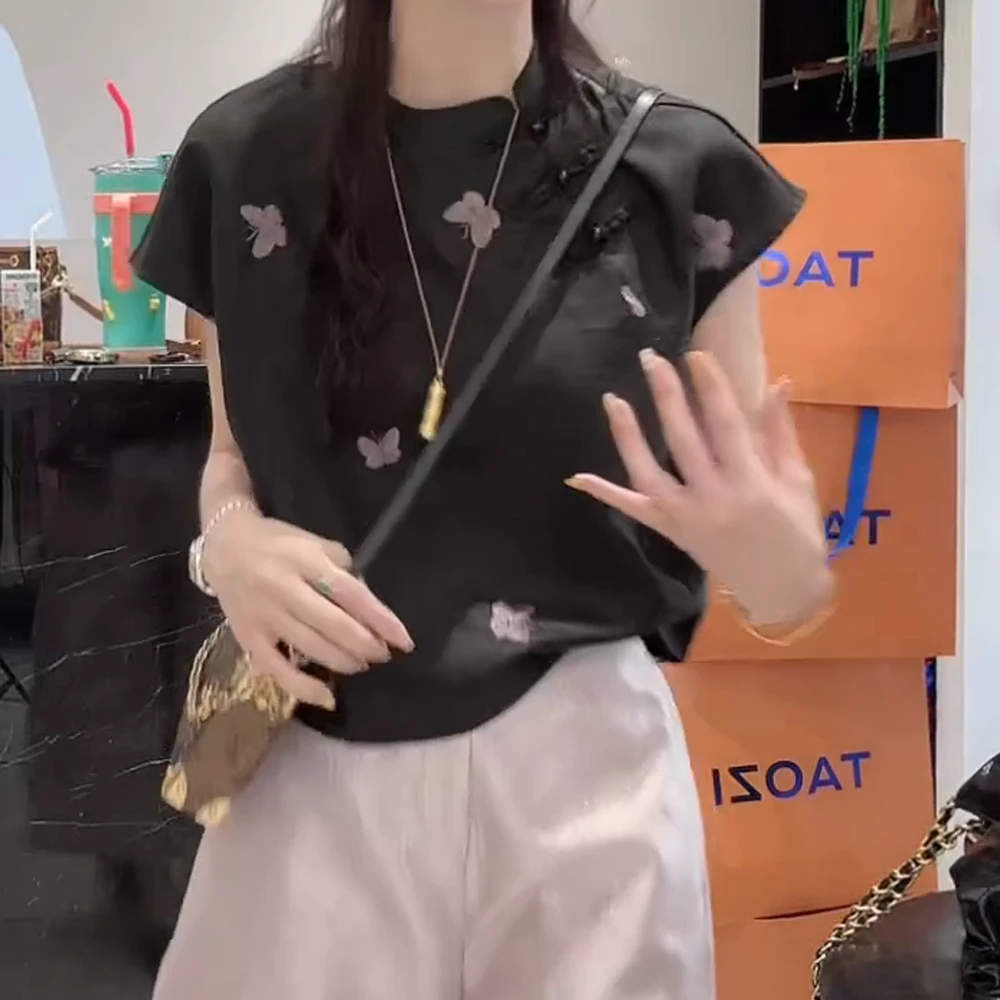 夏季新中式优雅气质龟裂纹刺绣短袖上衣