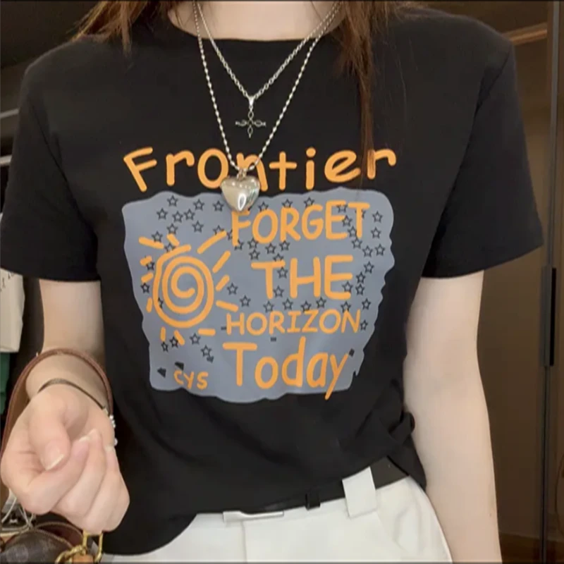 纯棉高档夏季薄款女士t恤短袖正肩新款体恤宽松休闲显瘦百搭上衣