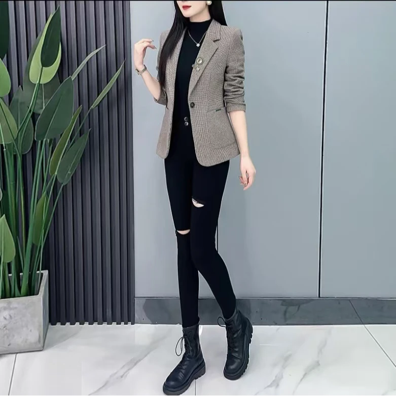 小香风一粒扣2025春季新款韩版时尚格子气质女士西装外套上衣显瘦
