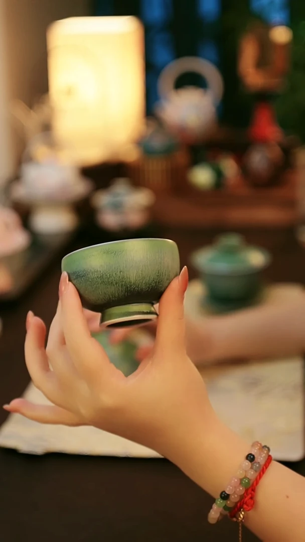 陶瓷茶具楚门窑变铜绿高足圆口杯