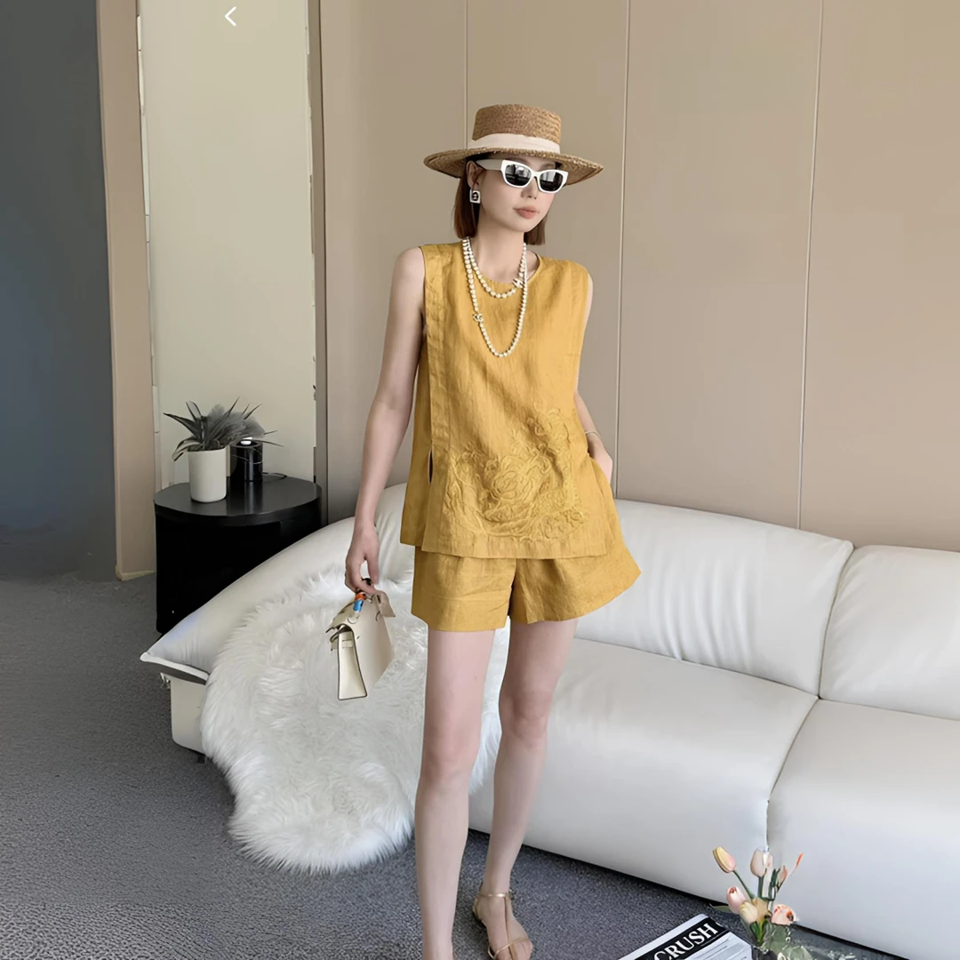 夏季新中式国风重工刺绣无袖衬衫与高腰短裤套装2538