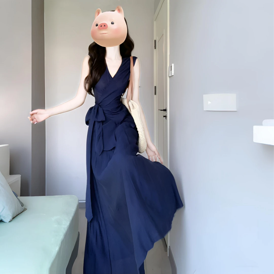 财阀千金女装2025夏季新款气质无袖系带上衣+长裙两件套洋气套装