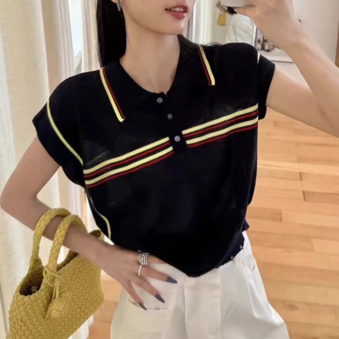 【济州岛】撞色条纹设计翻领针织短袖