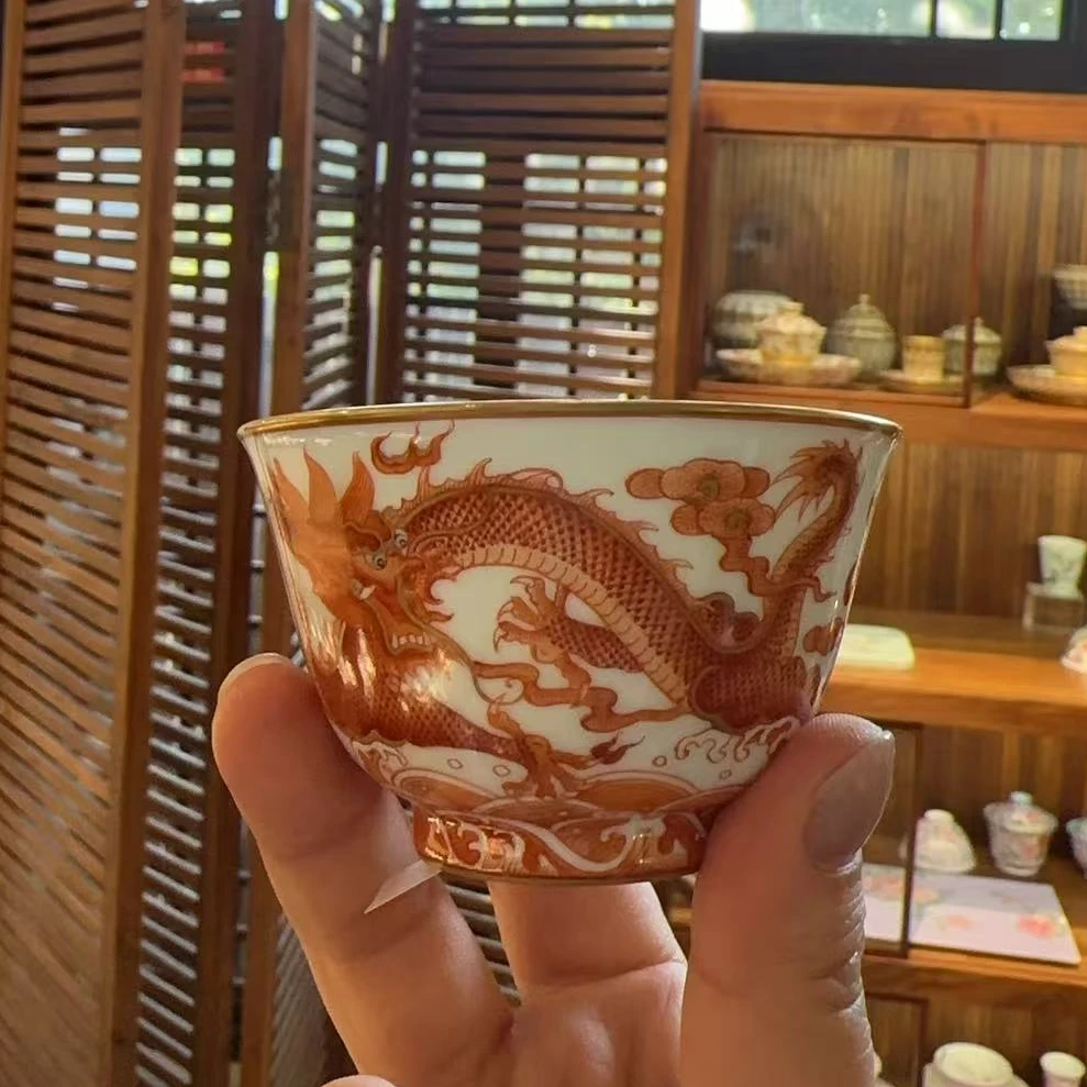 【珽珽溯源】溢珍堂 矾红龙凤呈祥直口杯 瓷器茶周边