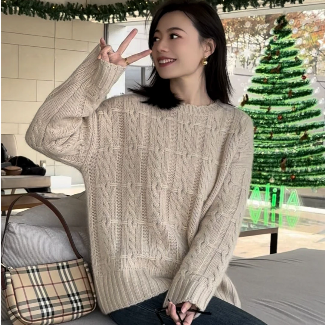 【540克加厚&小山羊绒衫】秋冬重工绞花圆领针织套头羊绒衫241990