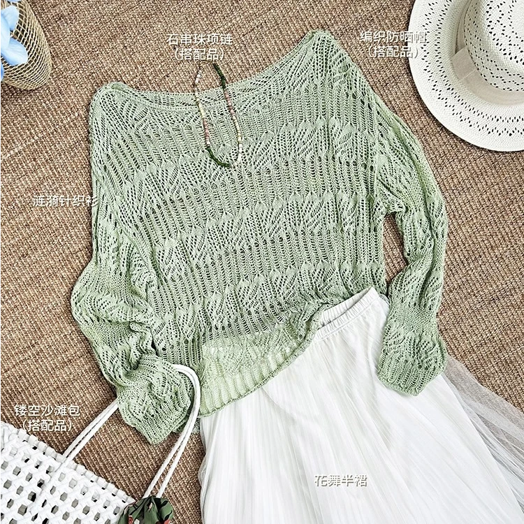 现货 涟漪针织衫 度假织女风！精梳棉一字领镂空罩衫-周五