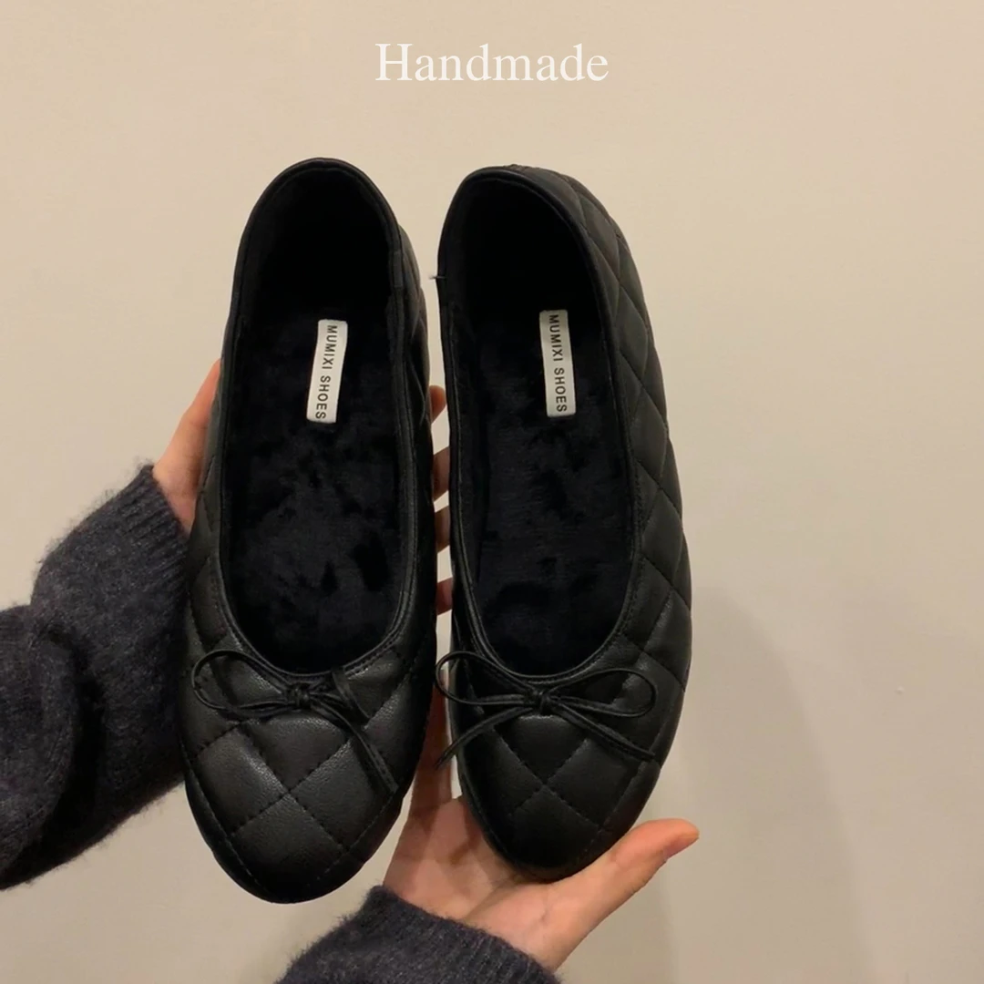 内增高5cm法式菱格蝴蝶结单鞋女浅口圆头奶奶鞋芭蕾风保暖毛毛鞋