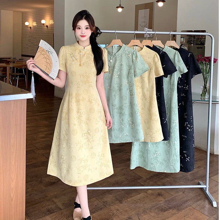 22158 胖mm大码女设计感新中式旗袍长短款国风连衣裙