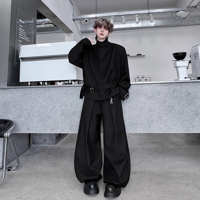 秋季小众腰带立领垫肩夹克套装男设计感阔腿长裤痞帅两件套发型师