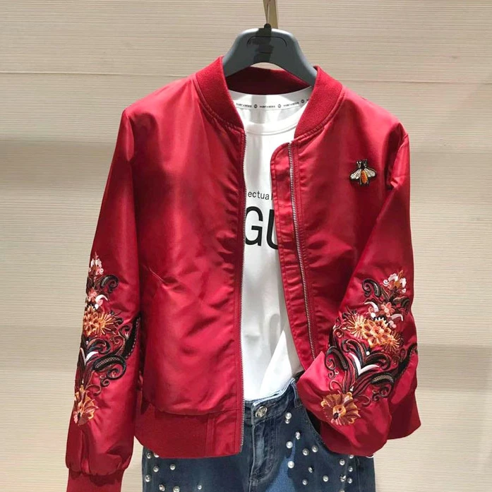 职业阿玛诗官哥家专柜2025春秋时尚红色立领刺绣棒球服女拉链夹克