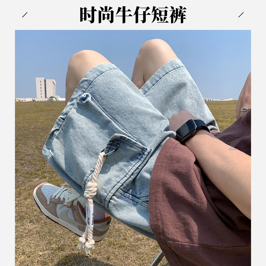 牛仔短裤男款复古宽松休闲美式高街做旧男款夏季美式工装牛仔短裤