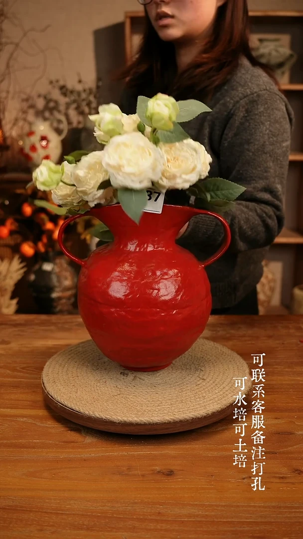 陶瓷337红色双耳大肚瓶可水培可土培