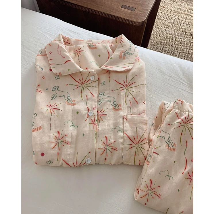 【DMXJ大梦想家】甜美烟花睡衣女春款休闲宽松长袖开衫长裤家居服