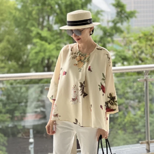 工笔画鸟 复古中式印花休闲夏季文艺时尚衬衫