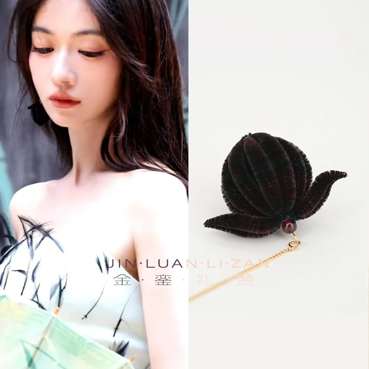 绒花【黑桃A】耳饰非遗北京绒花绒鸟工作室出品