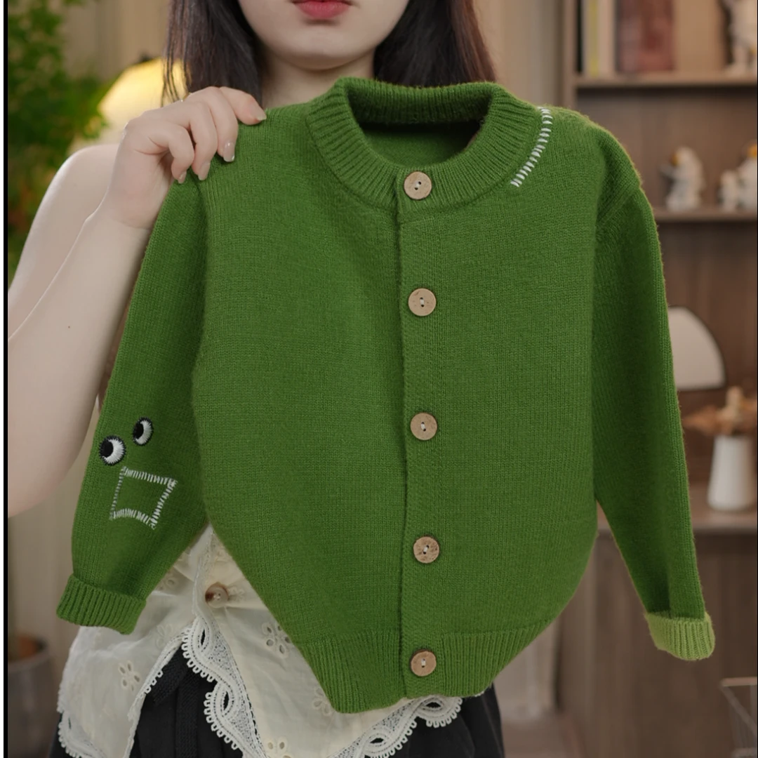 儿童春秋季纯色系大眼刺绣针织男女童开衫毛衣时尚休闲百搭外套