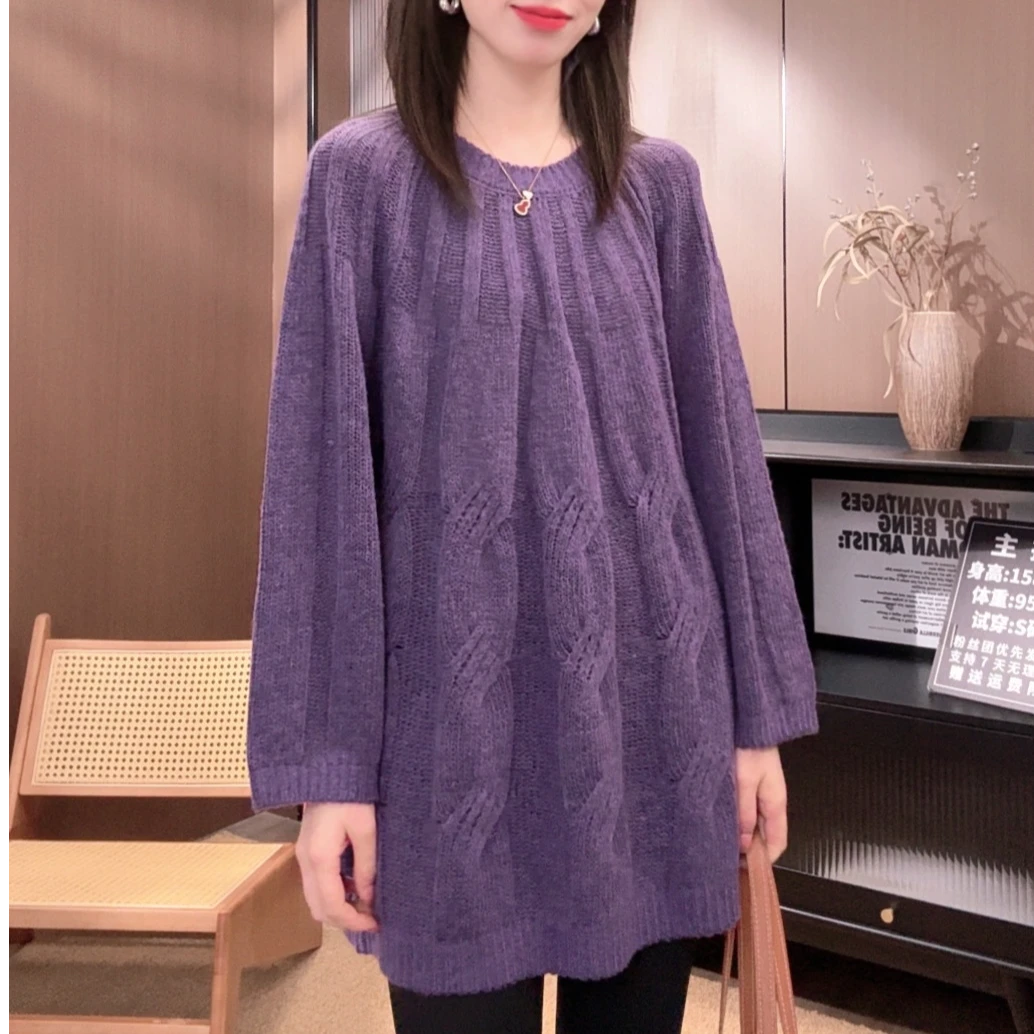 相菲精品一韩版宽松休闲绞花中长款毛衣女秋季慵懒风丝羊绒针织衫