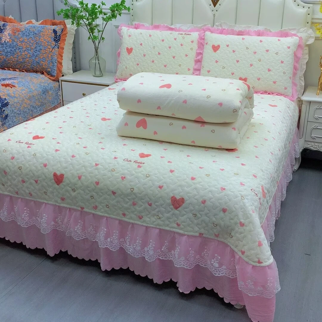 【被套款】加厚保暖牛奶绒床盖四件套蕾丝花边三件套不掉毛可机洗