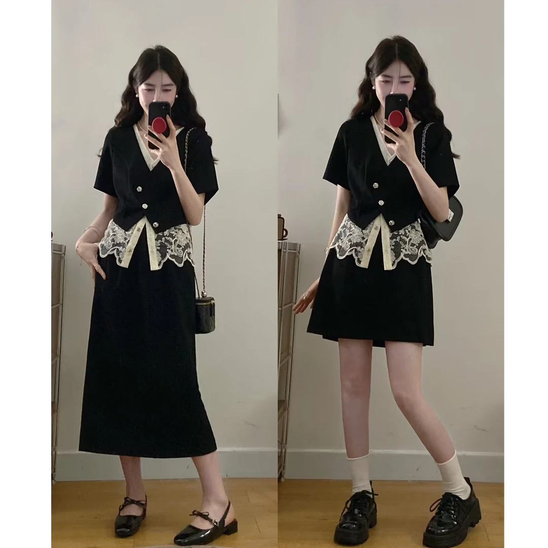 大码新款夏款时尚设计高级感拼接蕾丝假两件上衣+半身裙两件套