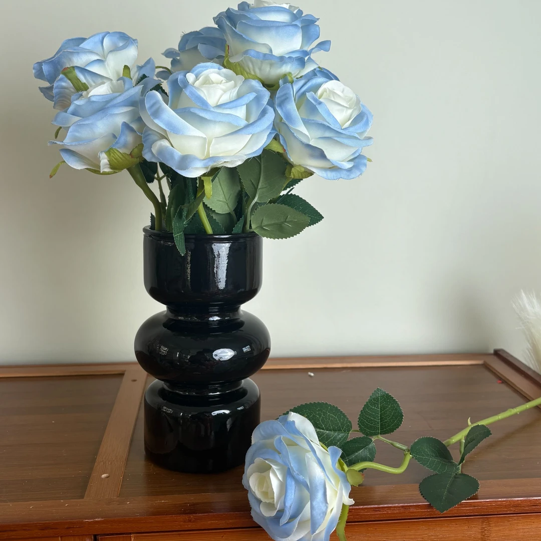 (碎冰蓝+花瓶）玫瑰仿真花ins风diy礼物摆件客厅装饰高级假花