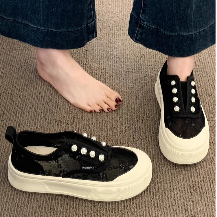 Moleubak厚底渔夫鞋女2025新款夏季薄款网鞋女透气网面蕾丝单鞋