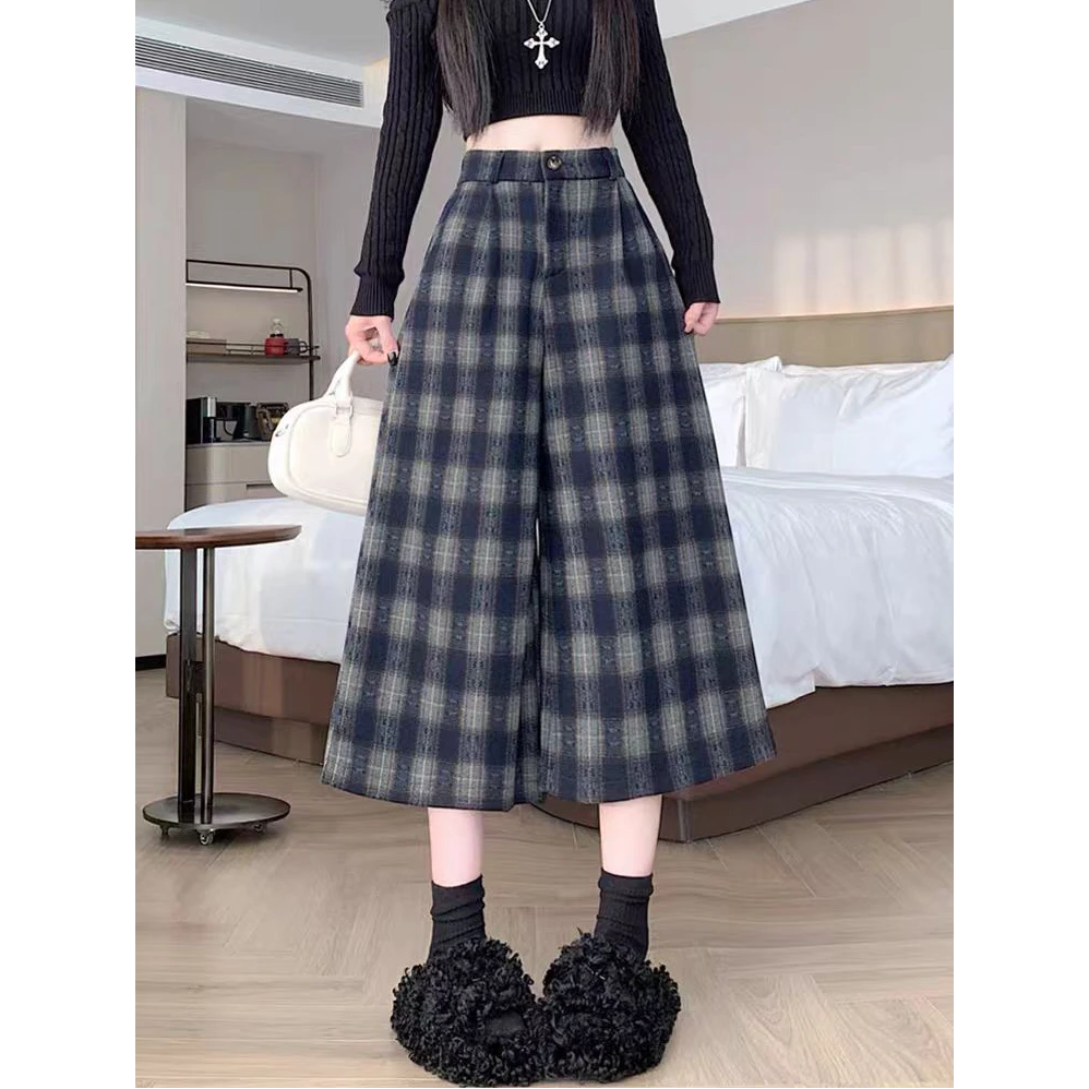 老钱风格纹毛呢阔腿裤女秋冬季百搭高腰直筒中裤24736(A4-18)