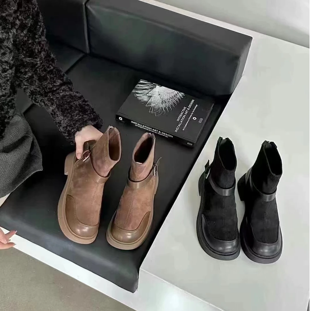 秋冬新款韩版通勤瘦瘦简约粗跟裸靴短靴88186(不加绒)