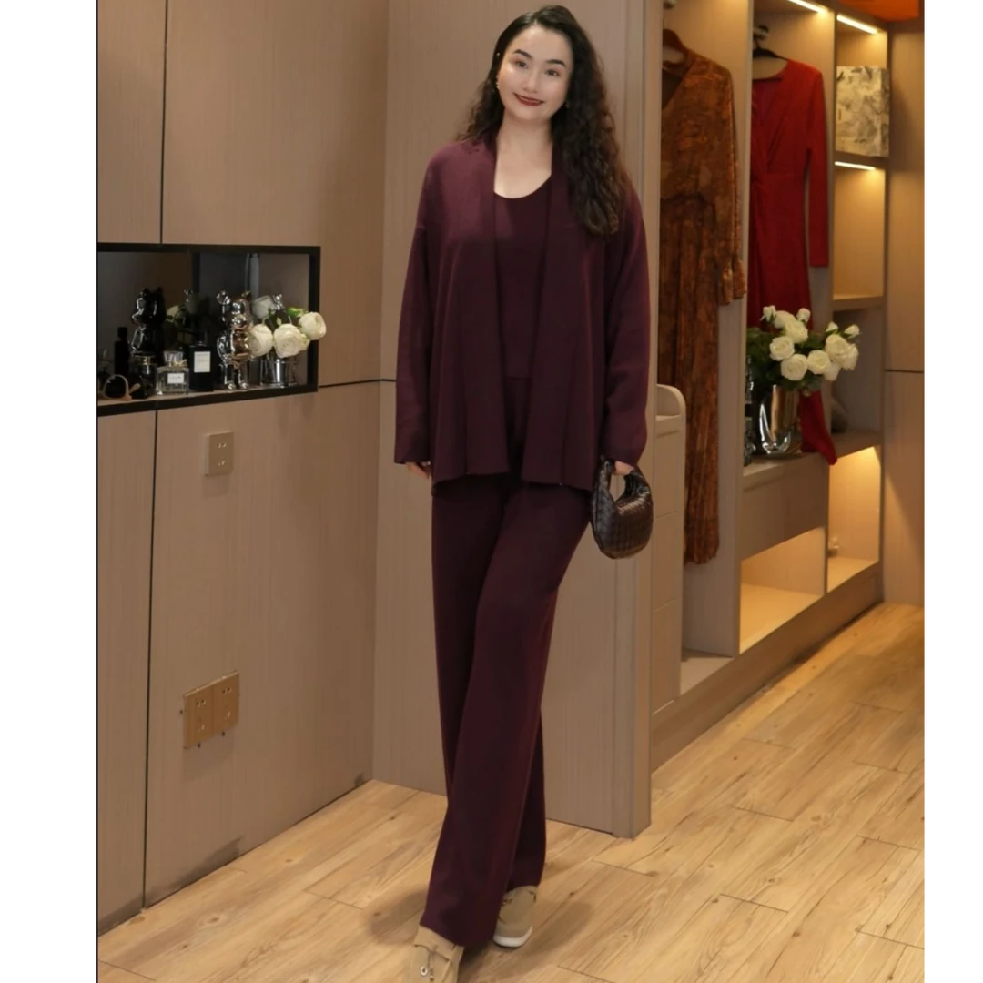 （三件套）秋冬复古慵懒风针织开衫+针织吊带+阔腿裤针织套装