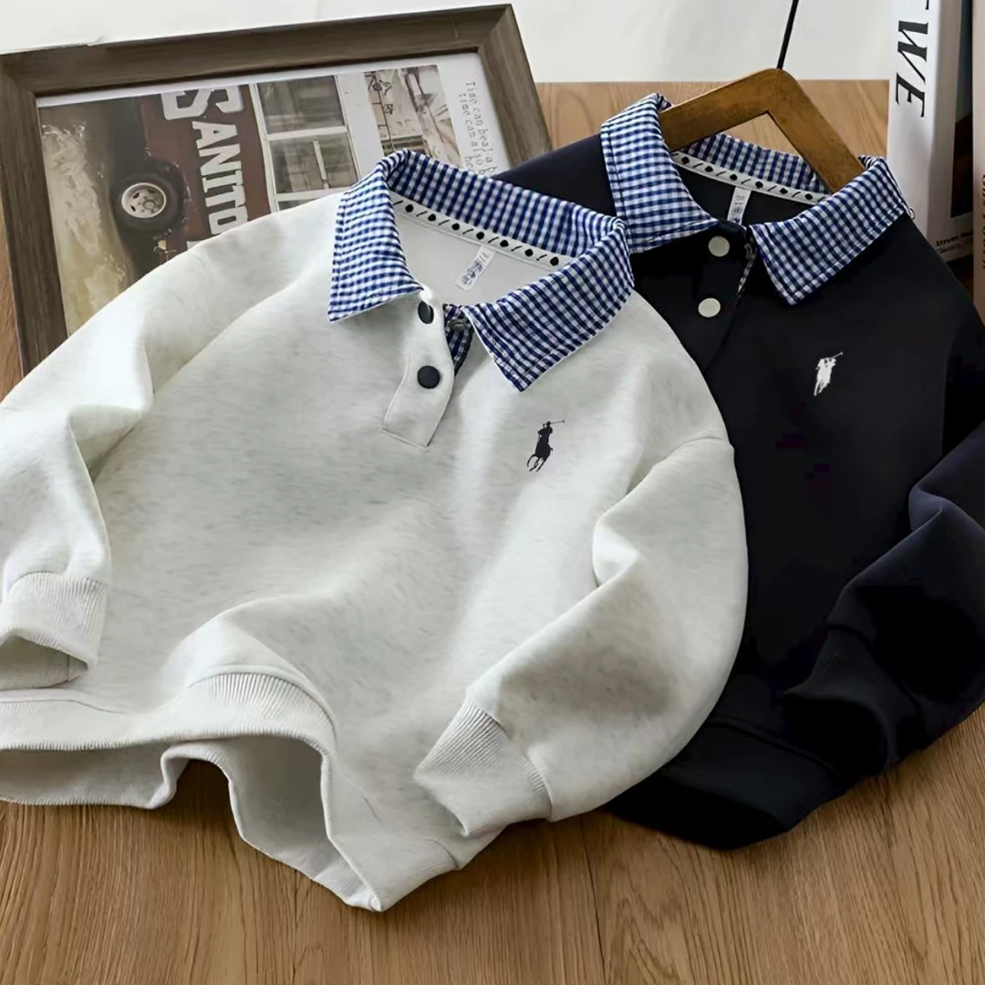 男童POLO衫格子领卫衣春秋款2025新男孩翻领上衣儿童装休闲长袖潮