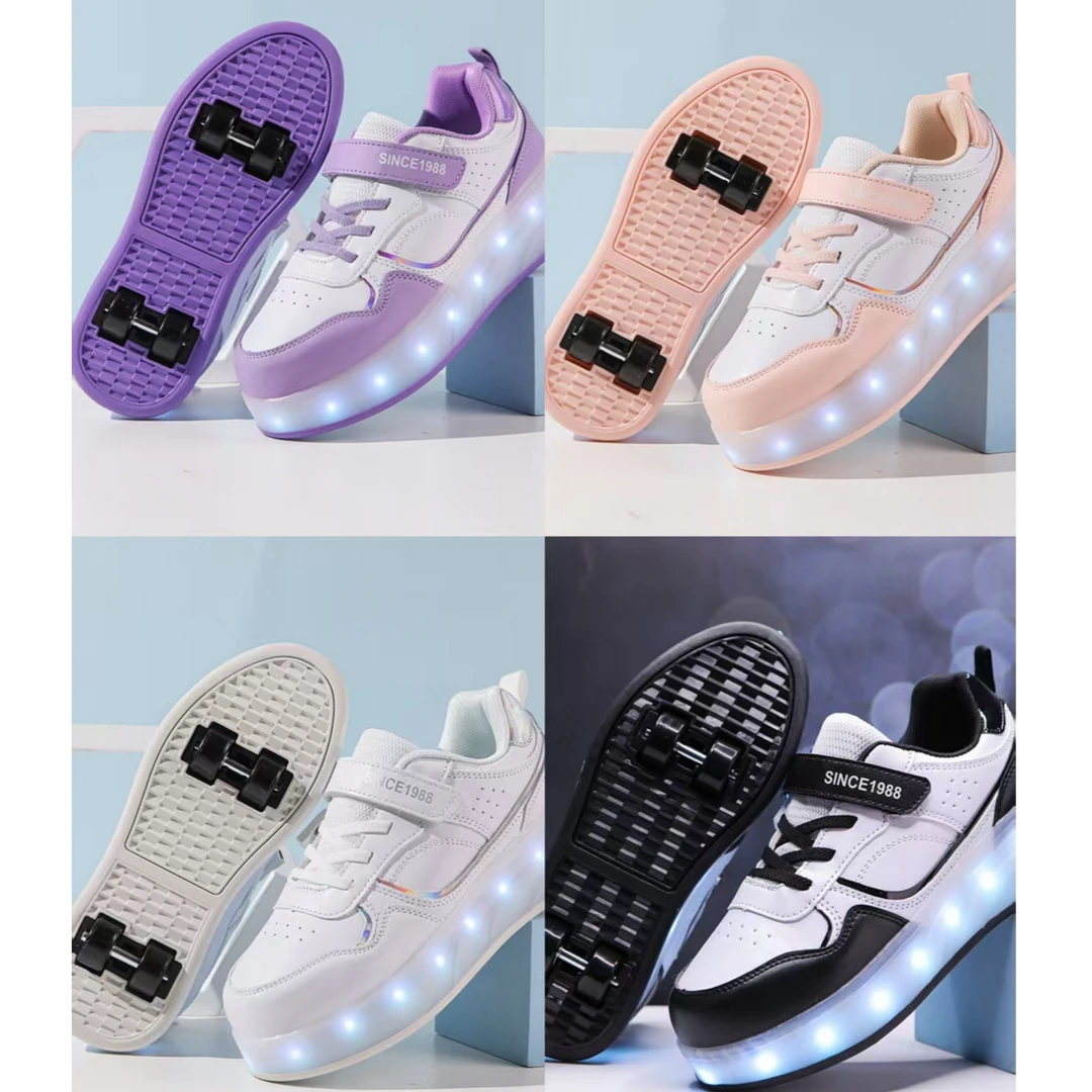 网红男女儿童带轮隐形暴走鞋单轮双轮滑鞋四轮变形鞋手动按钮收缩