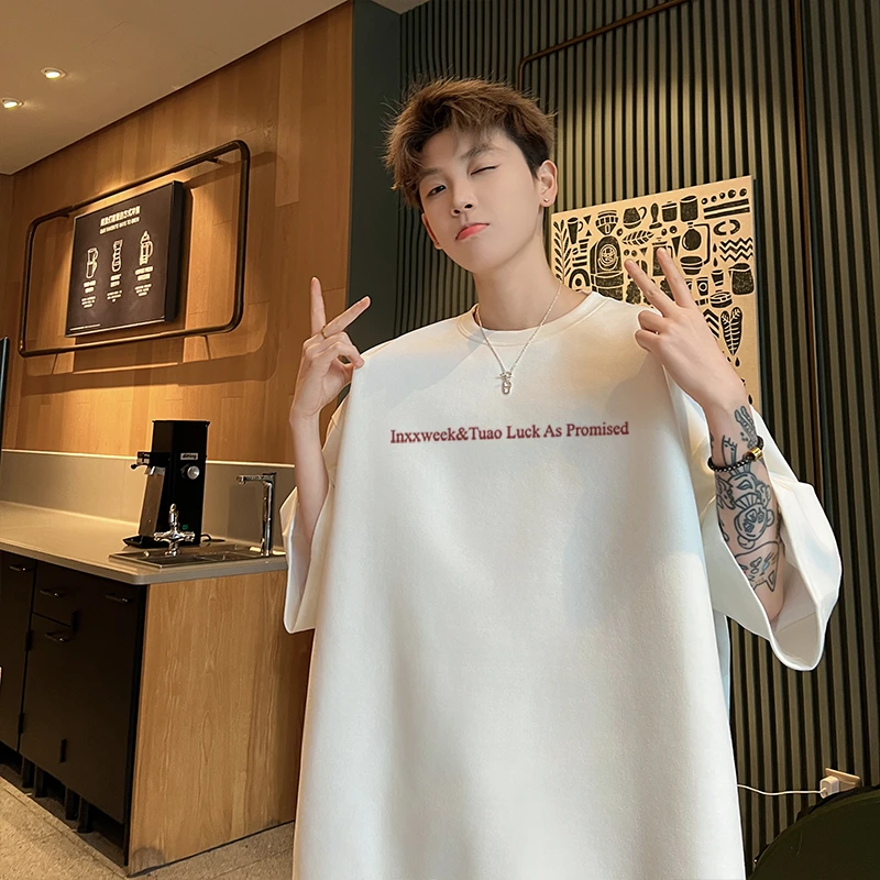 夏季短袖T恤仿麂皮休闲潮流字母印花半袖上衣ins男士港风宽松学生