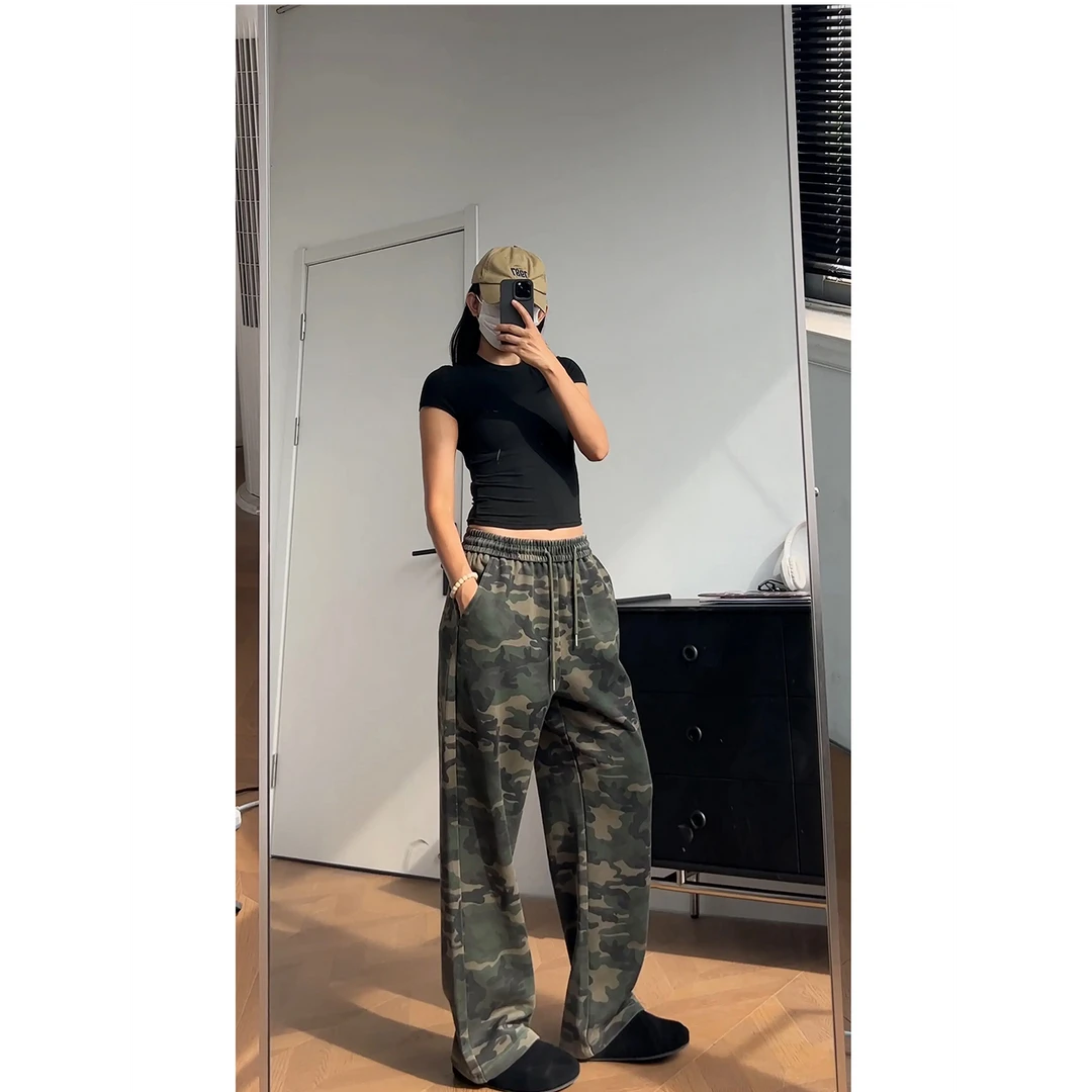 迷彩色弯刀卫裤男女秋季美式复古做旧阔腿裤子高街直筒运动休闲裤