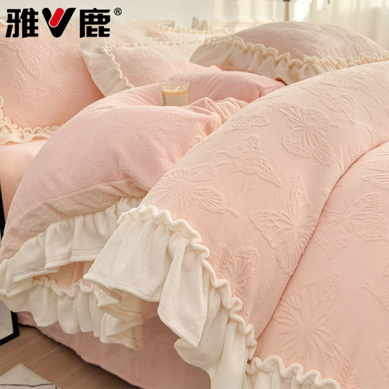 公主风雕花绒牛奶绒床上四件套冬季加厚保暖珊瑚绒被套床单三件套