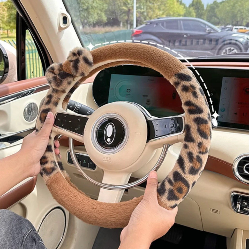 豹纹蝴蝶结冬季毛绒装饰汽车方向盘套车内适用于大众Pol好猫途观