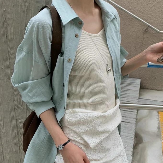韩货-【一叶薄荷】早春设计感小众薄款宽松显瘦衬衫/1017