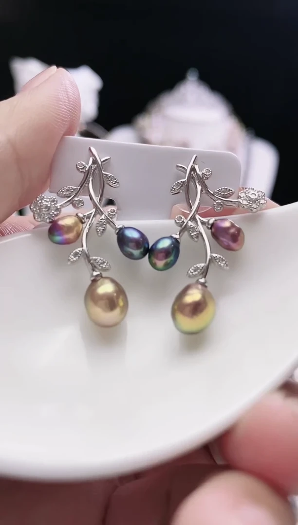 银S925镶嵌耳钉淡水珍珠淡水紫珠耳钉