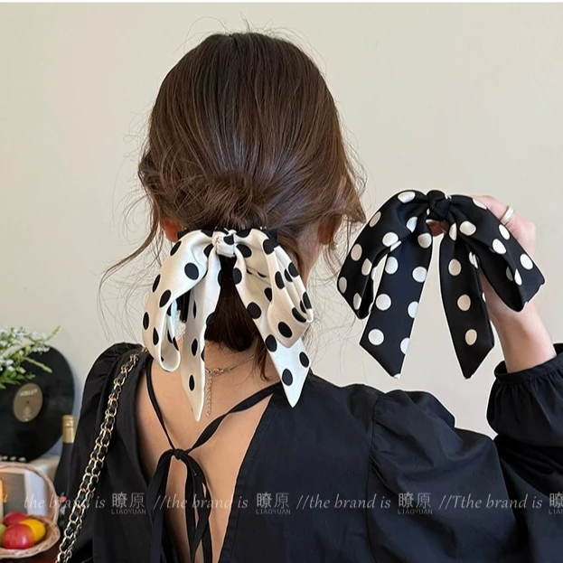 DX.DAXI赫本风黑白波点蝴蝶结发夹女后脑勺飘带头饰