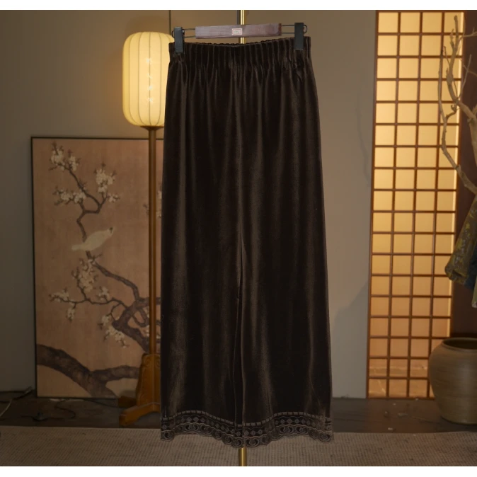 【云想悦来-栀子初绽】中式国风丝绒直筒裤4197