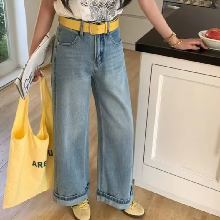 孤品【5962】春季新款复古卷边阔腿牛仔裤XMB