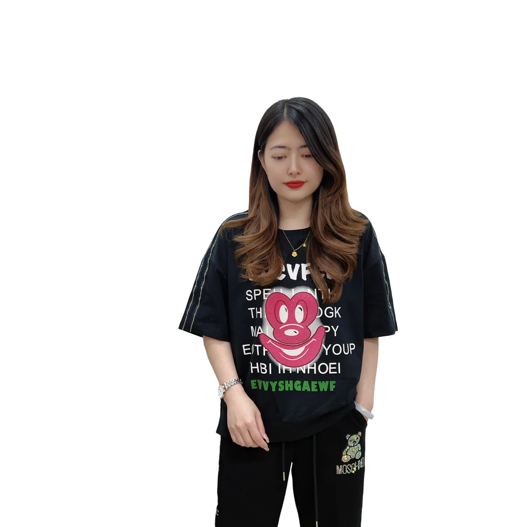 2025夏季新品55时尚潮流宽松休闲百搭显瘦洋气减龄圆领短袖织条