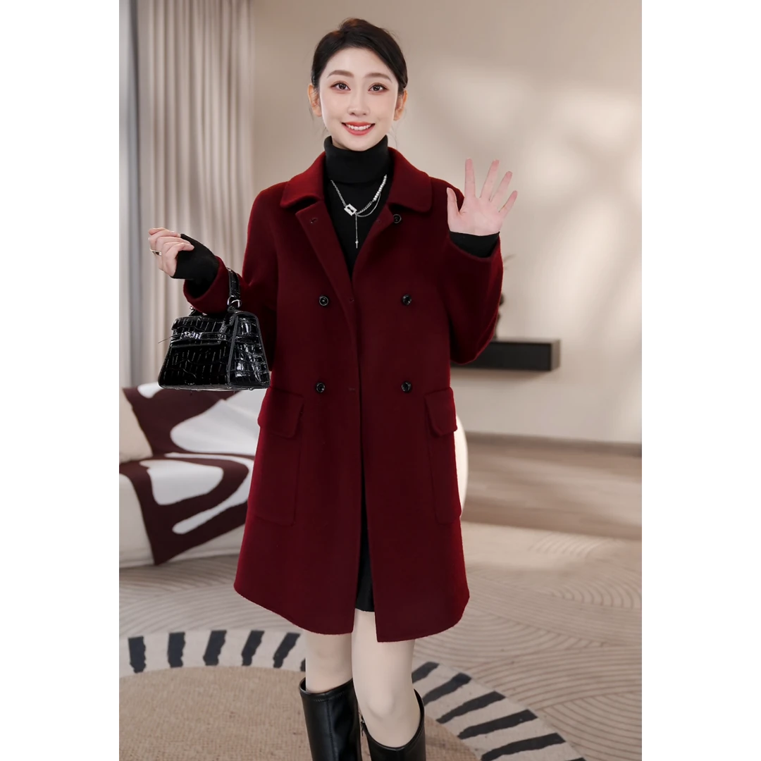 【曼贝】高端双面绵羊毛大衣安哥拉红时尚设计感外套8484699【甜甜】