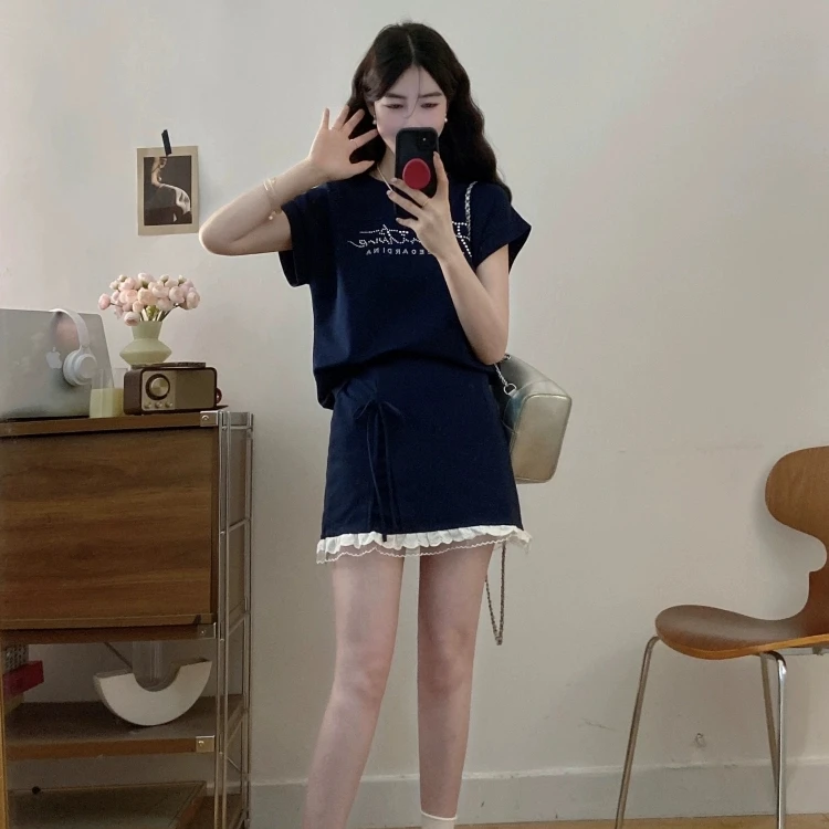 女装2025夏季新款烫钻短袖休闲小众半身裙显瘦洋气两件套