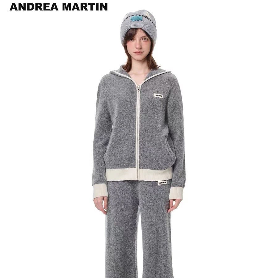 Andrea Martin25秋冬新款连帽拉链毛衣针织开衫阔腿裤休闲套装