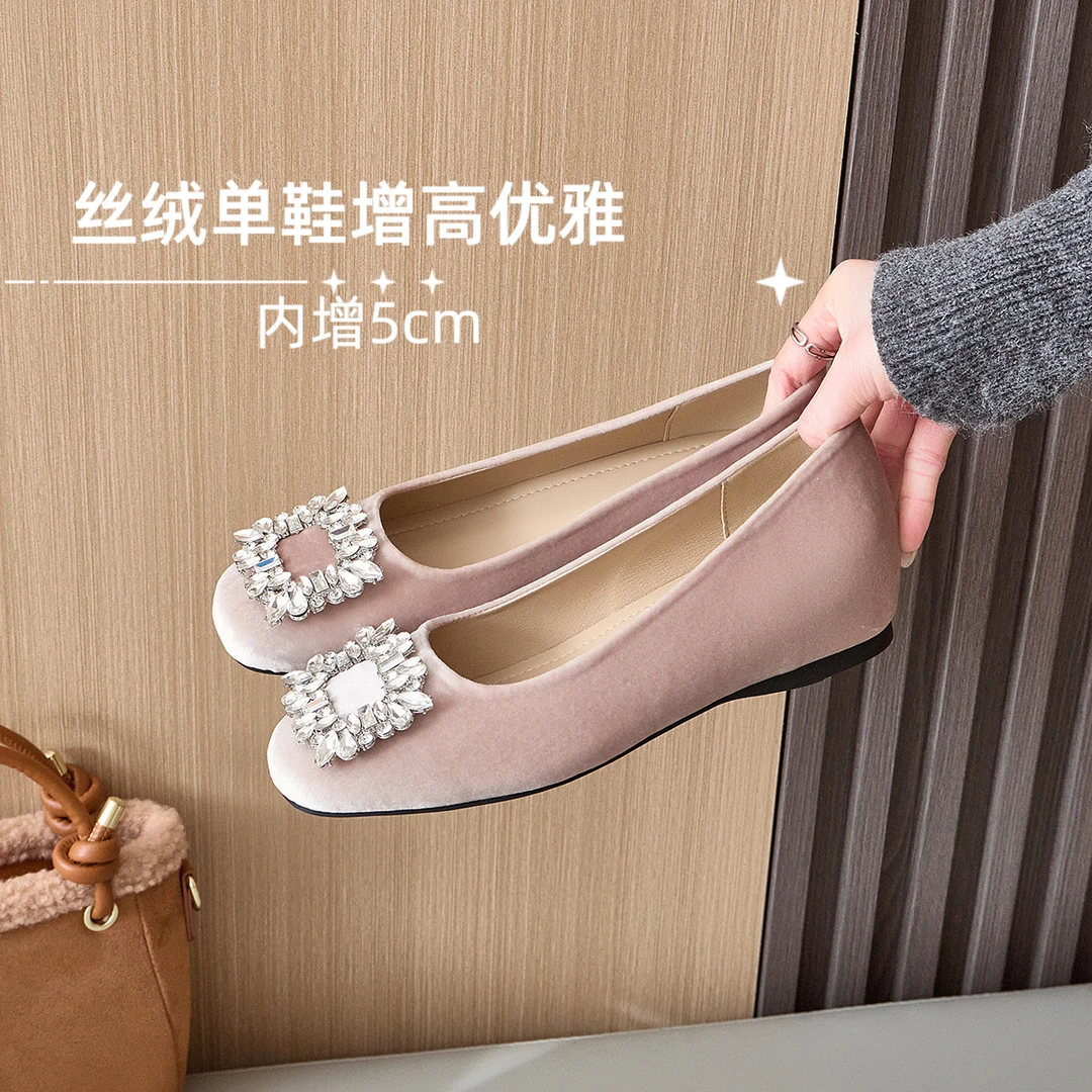 方头水钻方浅口丝绒内增高5公分-百搭气质通勤单鞋爆款优雅风女鞋