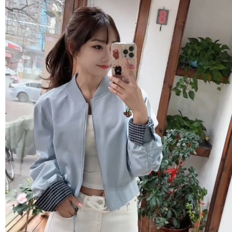短款棒球服外套袖口拼格子夹克女2025春新款小个子上衣潮