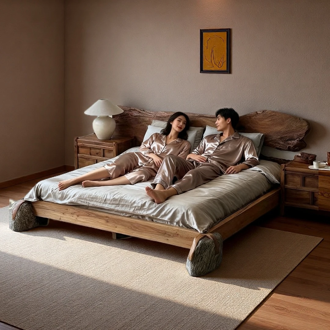 侘寂风原木床实木双人床主次卧室榻榻米民宿酒店风化木石头落地床